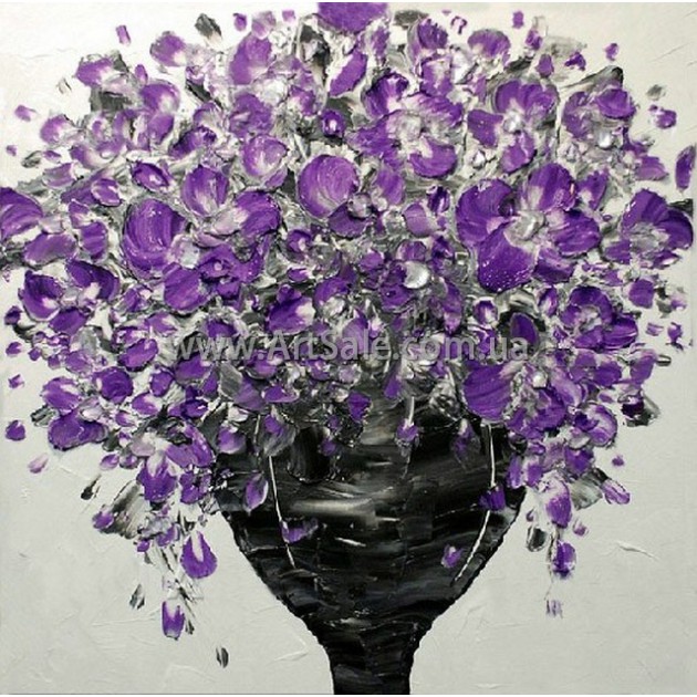 Купить картину "Фиолетовые Цветы в черной вазе" в стиле 3D Импасто