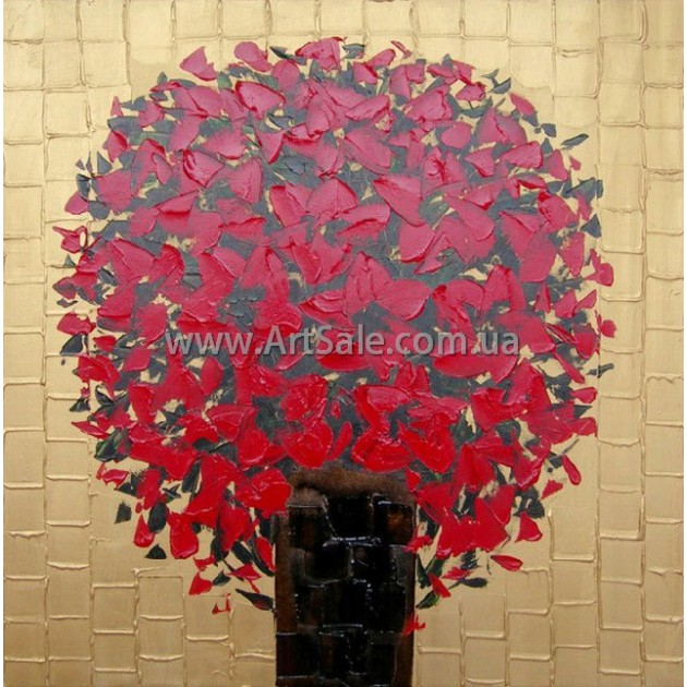 Купить картину "Красные Цветы в черной вазе" в стиле 3D Импасто