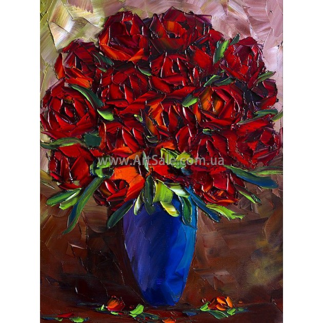 Купить картину "Букет Роз в голубой вазе" в стиле 3D Импасто