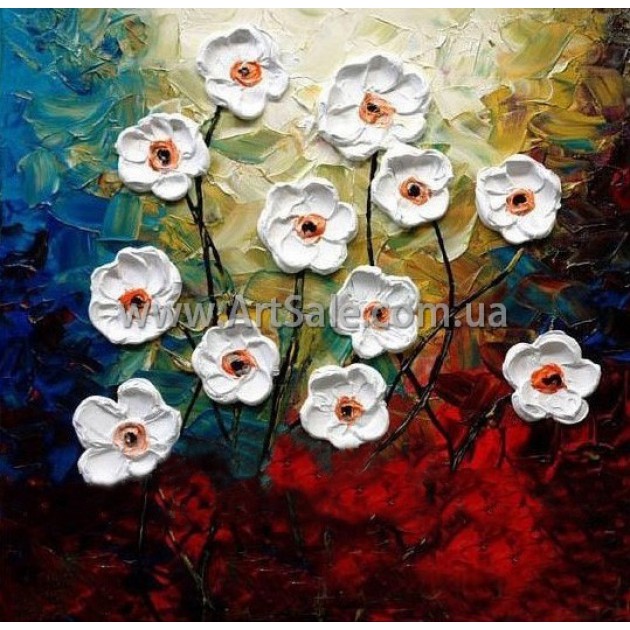 Купить картину "Белые цветы на темном фоне" в стиле 3D Импасто