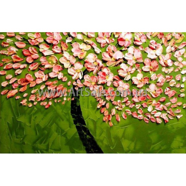 Купить картину "Розовая сакура на зеленом фоне" в стиле 3D Импасто