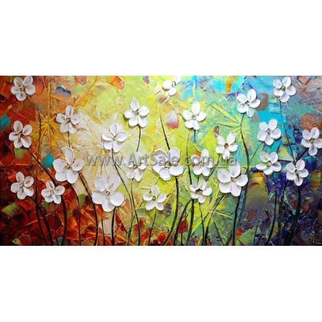 Купить картину "Белые цветы на красочном фоне" в стиле 3D Импасто