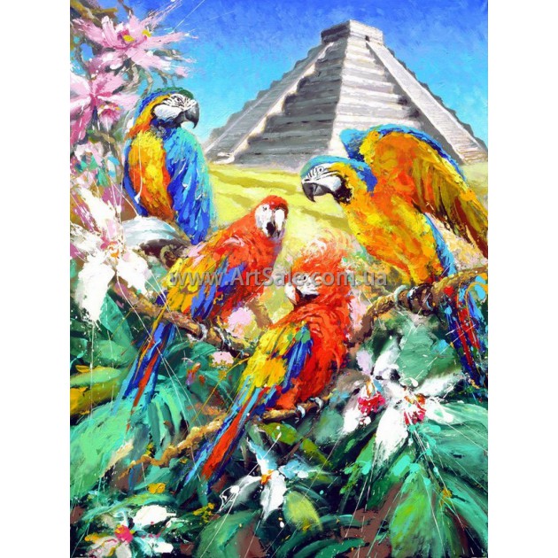 Купить картину маслом "Стая попугаев у Пирамиды"