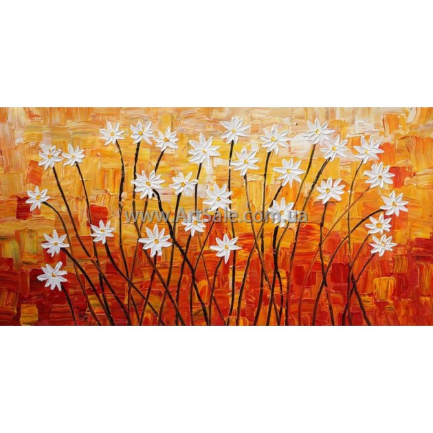 Купить интерьерную картину "Белые цветы на оранжевом"