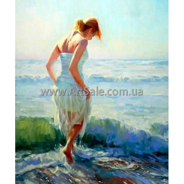 Картина маслом купить "Девушка в белом платье на берегу"